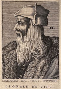 This engraved portrait of Leonardo da Vinci was produced by French artist Nicolas de Larmessin and printed in the 1682 book Académie des Sciences et des Arts, written by Isaac Bullart.