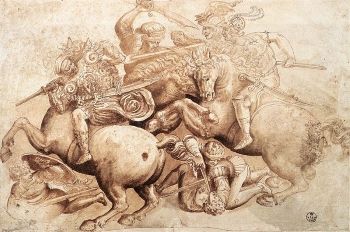 This is Peter Paul Rubens (1603) copy based on Leonardo's <i>The Battle of Anghiari</i> (1503-05). This copy is based on an engraving of the lost fresco.