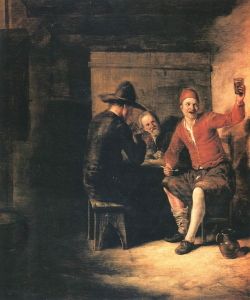 Many of de Hooch's early works depict tavern or barrack scenes of off-duty soldiers enjoying their leisure time, as in <i>Merry Drinkers</i> (1650).