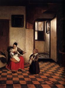 De Hooch is best known for his domestic interiors, particularly works showing affection between mothers and their children, as in <i>A Woman with a Baby in Her Lap, and a Small Child</i> (1658).