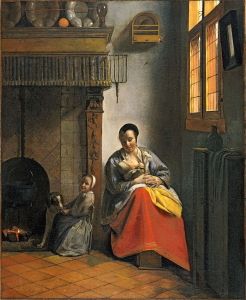 De Hooch's domestic interiors radiate warmth and calm, and often focus on loving relationships between women and children, as in <i>Woman with Children in an Interior</i> (1658-1660).