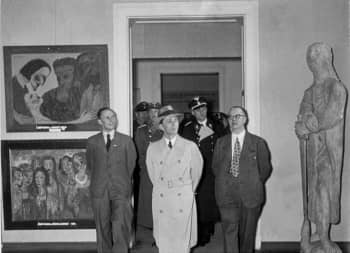 Nazi propaganda minister Joseph Goebbels at the <i>Degenerate Art</i> exhibition in Munich in 1938.