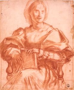 <i> دراسة عن امرأة </ i> (حوالي 1517-25).  رفض ديل سارتو الرسم الدقيق للنقطة المعدنية لصالح الطباشير الأحمر الذي سمح بنطاق لوني أكبر بكثير.