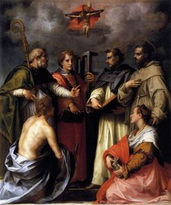 <i>Disputation on the Trinity</i> (1517). The figure of Mary of Magdalene was modelled on del Sarto's wife, Lucrezia del Fede.