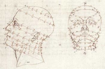 مخططات من أطروحة بييرو الرياضية ، <i> De Prosepectiva Pigendi </i> (<i> منظور الرسم </ i>) تُظهر القياسات المثالية لرأس الإنسان