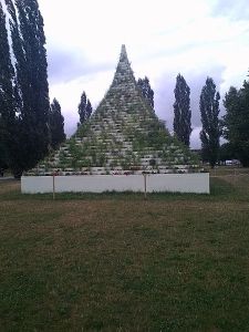 The Living Pyramid at the documenta 14, Kassel, Germany - a pyramid of stacked wooden terraces filled with soil and living plants, was constructed as a social structure to convey ideas of evolution and regeneration.