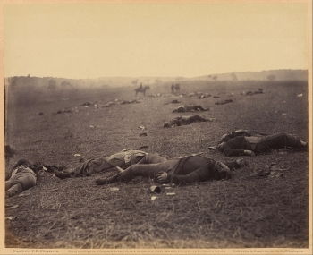 Timothy O'Sullivan <i>A Harvest of Death</i> (negative July 4, 1863; print 1866) shows the dead on the battlefield of Gettysburg, Pennsylvania.