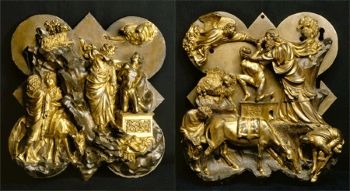 تصاميم Ghiberti و Brunelleschi المتنافسة لأبواب Florence Baptistery.