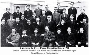 Duchamp (third row, left), and his class at the Lycée Pierre-Corneille in Rouen (1902). Also present are French artists Robert Antoine Pinchon and Pierre Dumont (both second row, right)