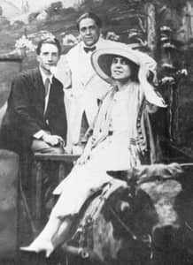 Duchamp (far left) at Coney Island in 1917 with his friends, collaborators, and fellow Dada artists, Francis Picabia and Beatrice Wood
