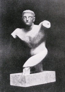 <i>Torso of a Young Man</i> (1910) (Armory Show postcard, 1913). Art critic Albert Elsen writes: “Duchamp-Villon's ideas seem to begin to crystallize with the important <i>Torso of a Young Man</i> of 1910. Although sometimes cited as evidence of his break with the art of Rodin, this sculpture reminds us that the latter's influence took many forms”.