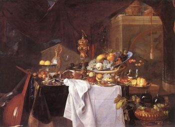 لا يصور فيلم <i> A Table of Desserts </i> (1640) للمخرج Jan Davidsz de Heem الكم الهائل من الأطباق الشهية فحسب ، بل يصور آلات موسيقية باهظة الثمن وأدوات مائدة ووعاء صيني كبير باللونين الأزرق والأبيض.
