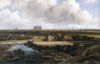 يستخدم جاكوب فون رويسدايل <i> هارلم مع حقول التبييض </ i> (حوالي 1670-1675) منظورًا مرتفعًا ومنظرًا بانوراميًا لتصوير مدينة هارلم والنشاط في حقول التبييض ، التي غطاها القرويون بقطع من الكتان المراد تبييضها.