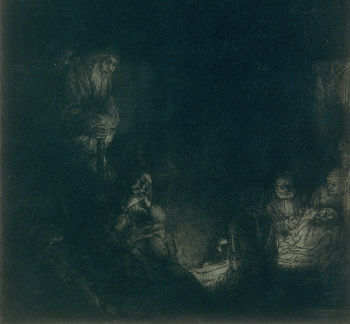 يعرض فيلم رامبرانت <i> The Entombment </i> (حوالي 1654) النسخة الثانية من الطباعة ، حيث تظهر الأشكال المميزة من الظلام الحبر.