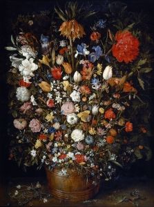 Jan Bruegel the Elder's Flowers <i> in a Wooden Vessel </i> (1606-1607) لكل دقتها العلمية في تصوير كل زهرة ، مشهد متخيل يجمع بين الزهور التي كانت متوفرة فقط في أوقات مختلفة من السنة.