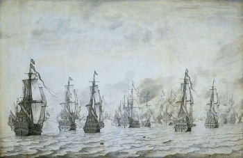يصور فيلم Willem van de Velde The Elder <i> المعركة البحرية ضد الإسبان بالقرب من Dunkerque 18 فبراير 1639 (1659) </i> القوات البحرية الهولندية التي دمرت الأسطول الإسباني وأقامت التفوق البحري الهولندي العالمي.