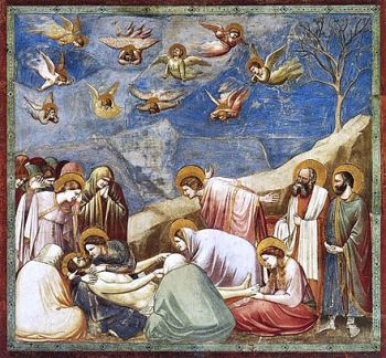Giotto's <i>Lamentation (The Mourning of Christ)</i> (1304-1306) creates sculptural figures, their clothes hanging with form and weight, their expressions depicting individualized emotion, and uses elements of perspective and foreshortening to create a sense of real space.