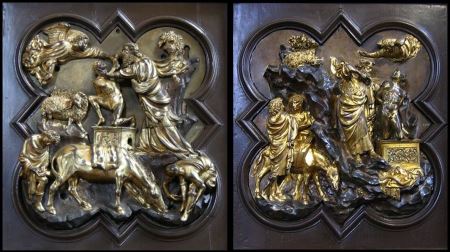 This photograph shows Abraham’s Sacrifice of Isaac (1401) created by Brunelleschi (on the left) and by Ghiberti (on the right). Historian Paul Robert Walker describes, Brunelleschi’s panel as “more dramatic and disturbing, all angles and movement and raw emotion… a new and more powerful vision of reality, “and Ghiberti’s as, “more elegant and more beautiful” with “a perfectly modeled classical nude [that] demonstrates masterful perfection of art.”