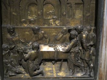 Donatello's <i>Feast of Herod</i> (1423-27) used linear perspective to a dramatic scene, as Herod and others react with horror as the head of John the Baptist is brought to the table.