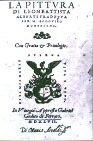 This photograph shows the front cover of Leon Battista Alberti's <i>On Painting</i>, published in 1435.