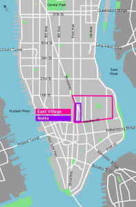New York's East Village comprises the area bordered by 14th, Houston, Bowery and Third Avenues, and the East River.