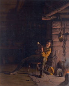 Johnson's <i>Boyhood of Lincoln</i> (1868). Abraham Lincoln is shown sitting in front of a fireplace reading a book in a dark interior setting.