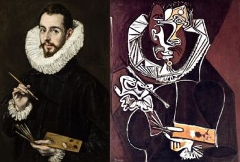 إلى اليسار: <i> صورة لابن الفنان خورخي مانويل ثيوتوكوبولوس </ i> بواسطة El Greco (1600-05) إلى اليمين: <i> صورة لرسام ، بعد El Greco </i> بقلم بابلو بيكاسو (1950)