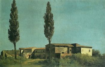 Pierre-Henri de Valenciennes' <i>À La Villa Farnèse: Les Deux Peupliers</i> (“At the Villa Farnese: The Two Poplar Trees”) (1780) is painted in oil on paper on cardboard.