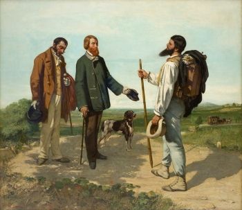 Though completed in his studio, Gustave Courbet's <i>The Meeting</i> (or “<i>Bonjour, Monsieur Courbet</i>”) (1854) shows the artist, carrying his equipment for a day of <i>en plein air</i> painting, as he encounters his patron and his attending servant on the path.