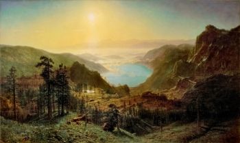 Albert Bierstadt of the Hudson River School showcases the untouched nature that is explored far from the modernization of the time. <i>Donner Lake from the Summit</i> (1873)