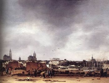 Egbert van der Poel ، <i> منظر لدلفت بعد انفجار 1654 </i> (1654).  تسجل صورة فان دير بول آثار الانفجار الذي أودى بحياة فابريتيوس وأكثر من 100 من مواطنيه