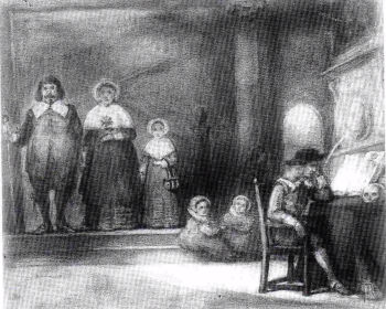 A watercolor copy of Fabritius' lost <i>Family Portrait</i>. The original work was destroyed in the 1864 fire at the Museum Boijmans Van Beuningen in Rotterdam. This copy by Victor de Stuers is the only remaining evidence of a domestic interior and informal family portrait known to have been be painted by Fabritius.