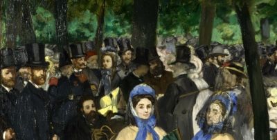 Detail from Édouard Manet's <i>Music in the Tuileries</i> (1862). Fantin-Latour is pictured on the left, the only male figure facing the viewer straight on.