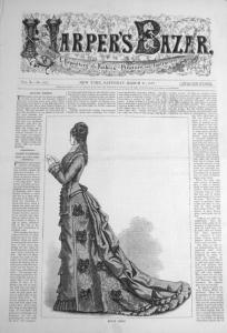 This cover of the March 1877 <i>Harper's Bazaar</i> prominently features a fashion illustration.
