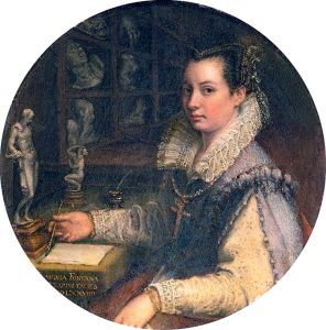 In her 1579 <i>Self Portrait in Studio</i>, Fontana presents herself as a sophisticated young woman, surrounded here by symbols of her academic achievements.