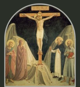 Fra Angelico ومساعدوه ، <i> الصلب مع العذراء ، القديس يوحنا الإنجيلي ، القديس دومينيك ، والقديس جيروم </ i> (1439-1444) ، أحد اللوحات الجدارية العديدة التي تزين جدران الخلايا حيث ينام الرهبان في دير سان ماركو