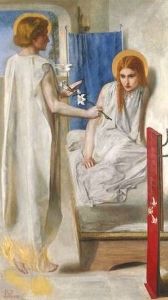 دانتي جابرييل روسيتي ، <i> Ecce Ancilla Domini (البشارة) </ i> (1849-50) يعتمد على تركيبات Fra Angelico المبسطة ولوحة الألوان الفاتحة
