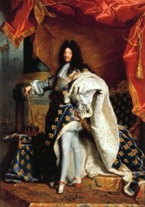 <i>Portrait of Louis XIV</i> (1700-01). Historian Juyeon Kim states, “in Hyacinthe Rigaud's most famous portrait, Louis XIV [aka. the “Sun God”] shows the majestic power of an absolute monarch. He is wearing his coronation robe embroidered with the royal <i>fleur de lys</i> along with some key elements of Baroque [fashion] style such as the cravat, red heels, and the wig”.