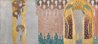 Gustav Klimt's <i>Beethoven Frieze</i> (1901) exemplifies his distinctive style, an important element of several noted <i>gesamtkunstwerks</i>.
