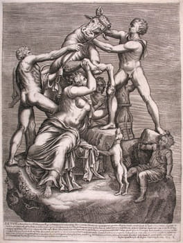 An engraving of <i>The Farnese Bull</i> (dated 1633). The original sculpture (dated 222-235 ACE) was unearthed during an excavation at a gymnasium of the Roman Baths of Caracalla. It was housed in the Palazzo Farnese in Rome.