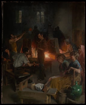 An 1886 painting of <i>Glass Blowers of Murano</i> by American painter Charles Frederic Ulrich.