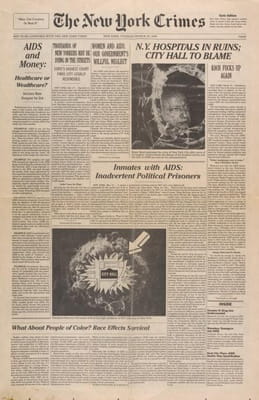 Gran Fury, <i>The New York Crimes</i>, 1988, mock newspaper on newsprint, New York Public Library