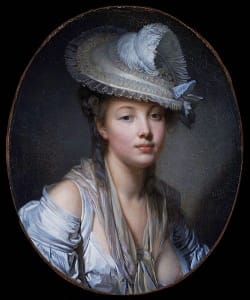 Greuze's paintings of women were considered provocative. His 1780 painting, <i>The White Hat</i>, for instance, shows his female sitter with an exposed left breast, “milky” pale flesh, and unfocused gaze.