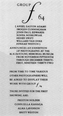 Announcement of Group f.64 exhibition at the M. H. de Young Memorial Museum, November 1932. From <i>Seeing Straight: The f.64 Revolution in Photography</i> edited by Therese Thau Heyman.