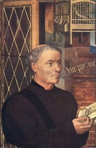This early portrait, about which nothing is known of its subject, has been titled by researchers, <i>Benefactor with the Birdcage</i> (c. 1500). Given that the subject is dressed in black clothes with a standing collar it is generally agreed that he must have been a member of the clergy.