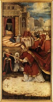 <i>The Snow Miracle</i> (<i>Founding of Santa Maria Maggiore in Rome</i>) (1517). The right panel of Grünewald’s original altarpiece tells the legend of the falling of fresh snow, in August 352, that marked the spot where the Pope built the Roman Basilica of <i>Santa Maria Maggiore</i>.