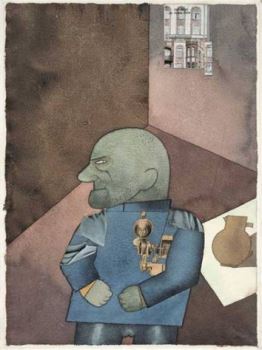 George Grosz's painting <i>Monteur John Heartfield</i> (1920) in which Heartfield is represented as an <i>engineer</i> to symbolize Dada's anti-art stance, but more specifically, as its full title states: “the rebel/prisoner, Monteur John Heartfield after Franz Jung tried to get him on his feet,” after Heartfield had been in a rage