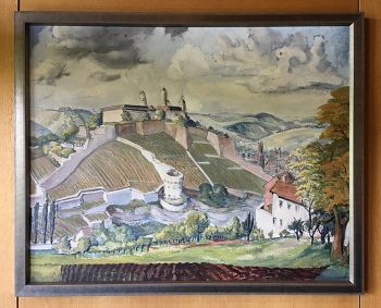 <i>Marienfeste bei Würzburg</i> (1927) carries the influence of German Renaissance painter, Lucas Cranach the Elder. In particular, the “pushing back” effect of the trees in the right foreground was a favoured device of Cranach's - the trees stabilising the picture space and directing the eye into an orderly recession into the space by stages.