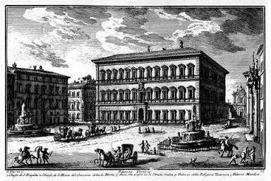 Giuseppe Vasi's depiction of the Palazzo Farnese in Rome (1513-1546) designed by Antonio de Sangallo the Younger employing a mathematically strict tripartite division. The building is in use to this day.