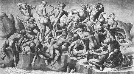 هذه النسخة من <i> معركة كاسينا </ i> (1504-1506) بواسطة مايكل أنجلو قام بعملها تلميذه أرسطو دي سانجالو.  ضاع الرسم الأصلي.